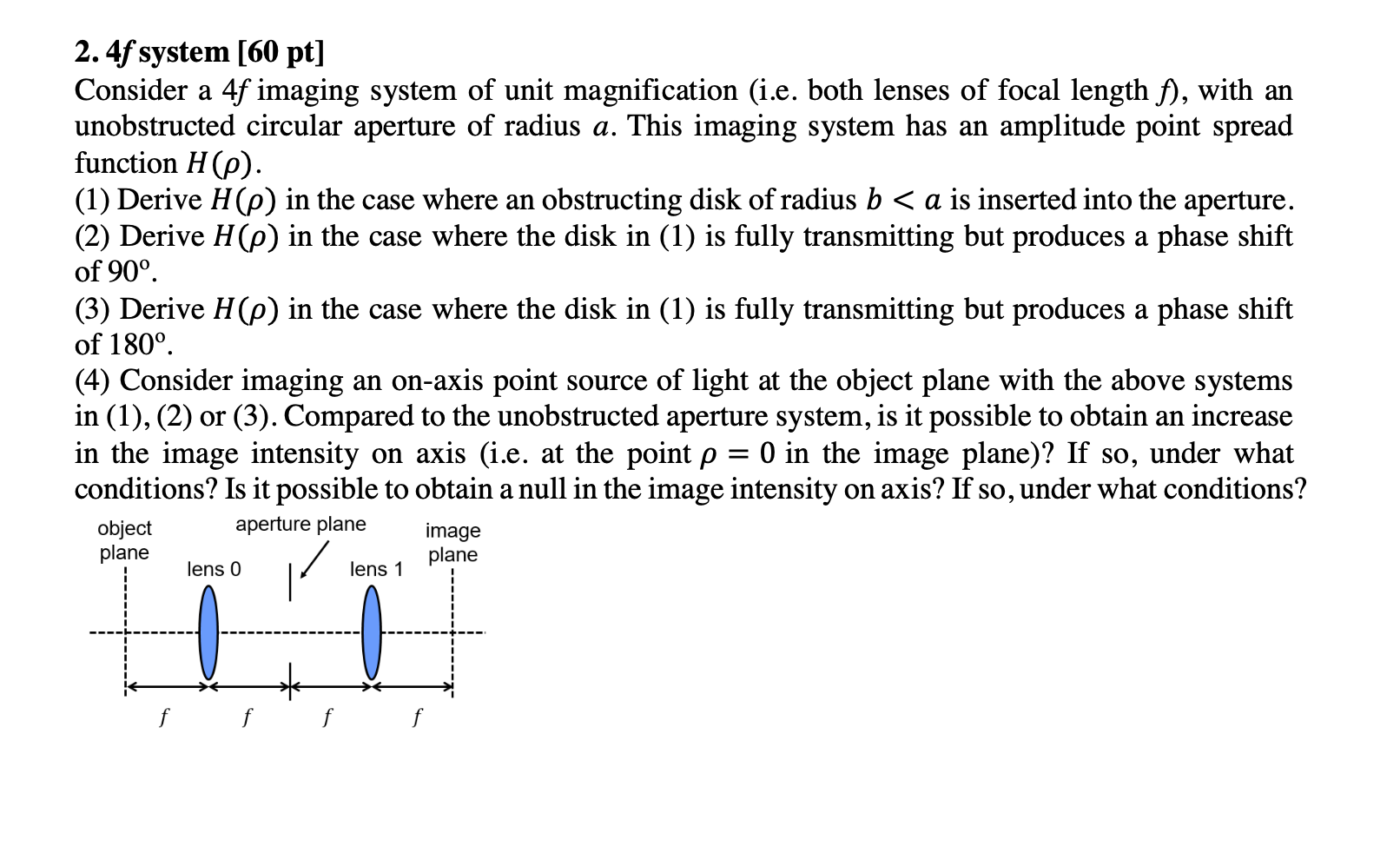 2. \( 4 f \) system [60 pt]
Consider a \( 4 f \) imaging system of unit magnification (i.e. both lenses of focal length \( f