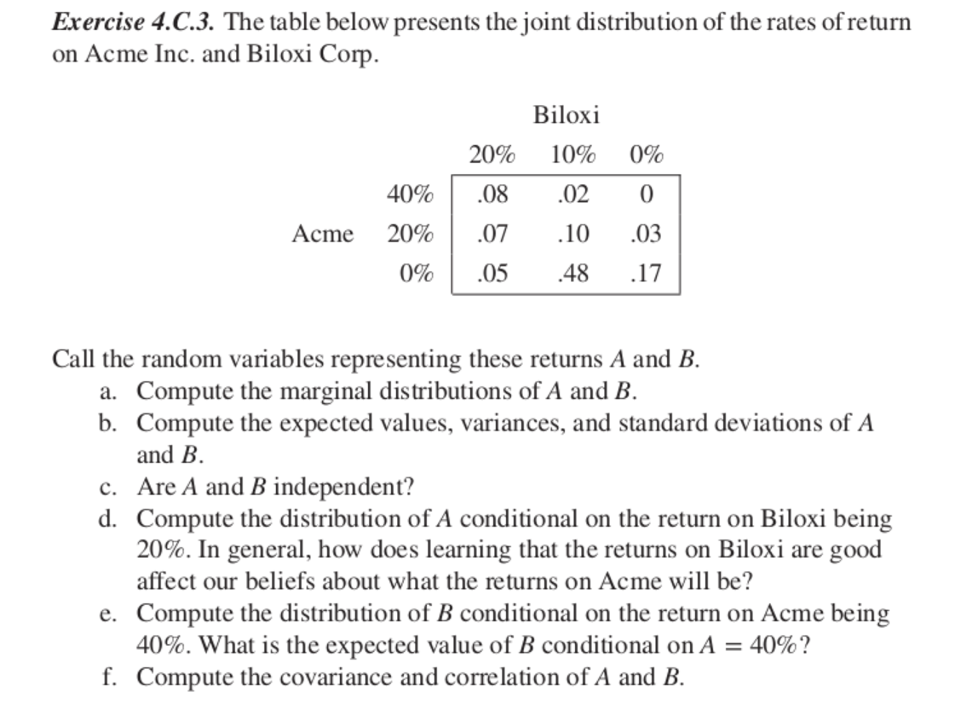 Solved Exercise 4.C.3. The table below presents the joint | Chegg.com