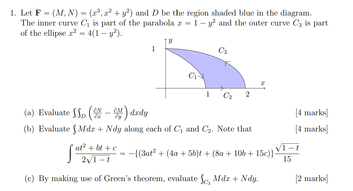 Solved 1. Let F=(M,N)=(x3,x2+y2) and D be the region shaded | Chegg.com