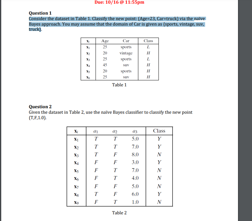 Question 1
Consider the dataset in Table 1 . Classify the new point: (Age=23, Car=truck) via the naïve Bayes approach. You ma