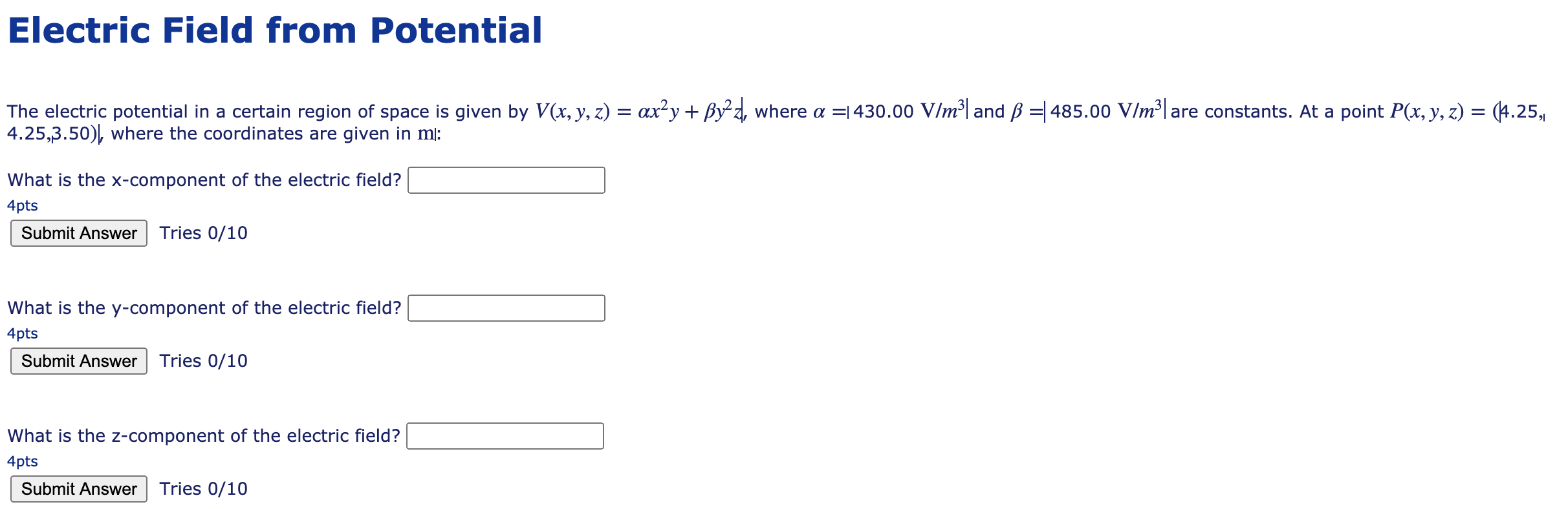 Solved Electric Field from Potential The electric potential | Chegg.com