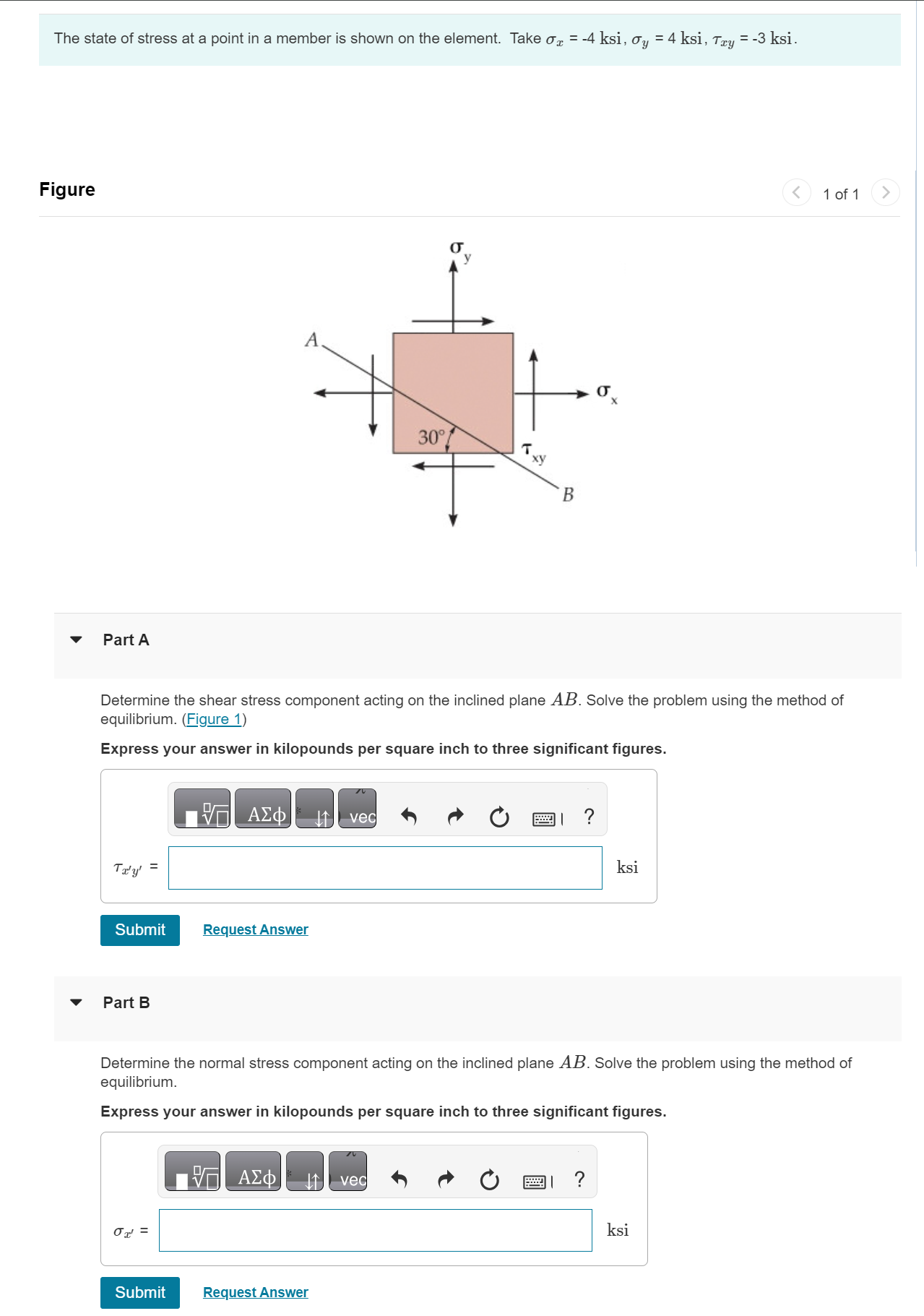 Solved The state of stress at a point in a member is shown | Chegg.com