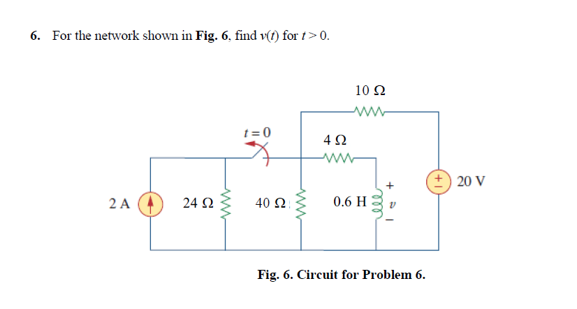 Solved For the network shown in Fig. 6, find v(t) for t > 0. | Chegg.com