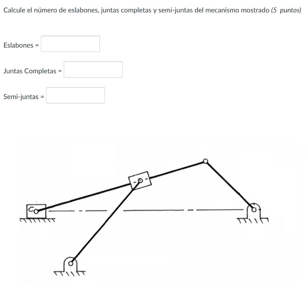 Calcule el número de eslabones, juntas completas y semi-juntas del mecanismo mostrado (5 puntos) Eslabones = Juntas Completas