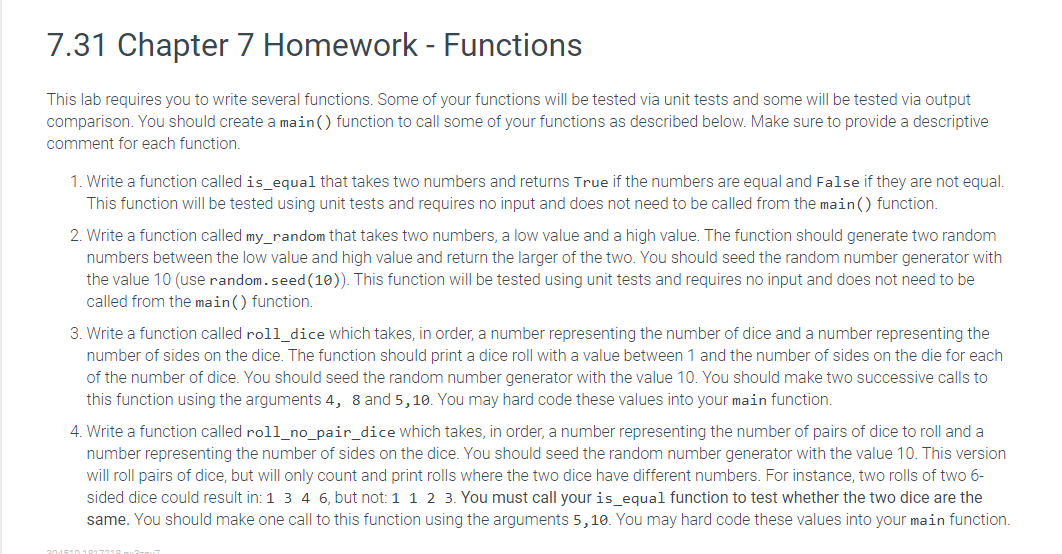 Solved 7.31 Chapter 7 Homework - Functions This lab requires | Chegg.com