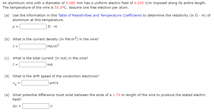 Solved An aluminum wire with a diameter of 0.085 mm has a | Chegg.com