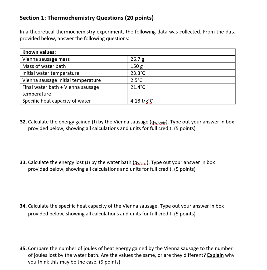 Solved Section 1 Thermochemistry Questions (20 points) In a