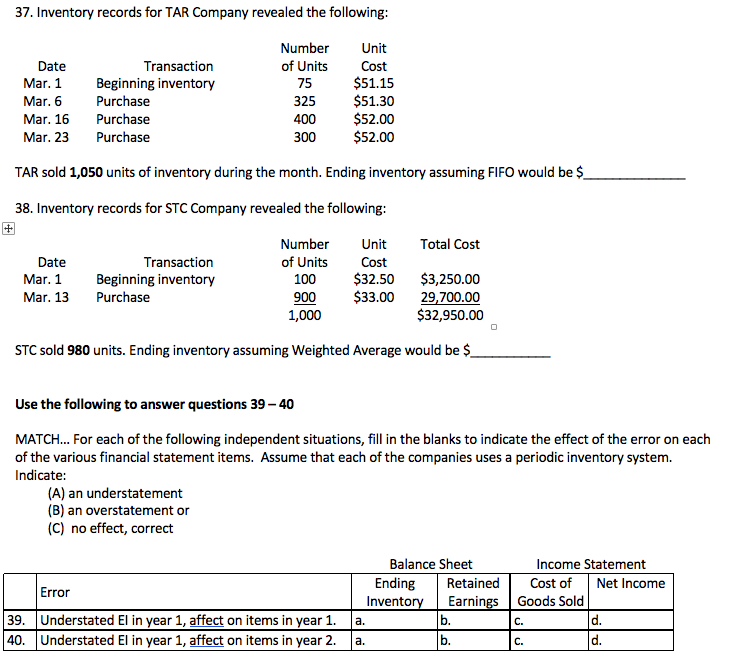 Solved 37 Inventory Records For Tar Company Revealed The Chegg Com