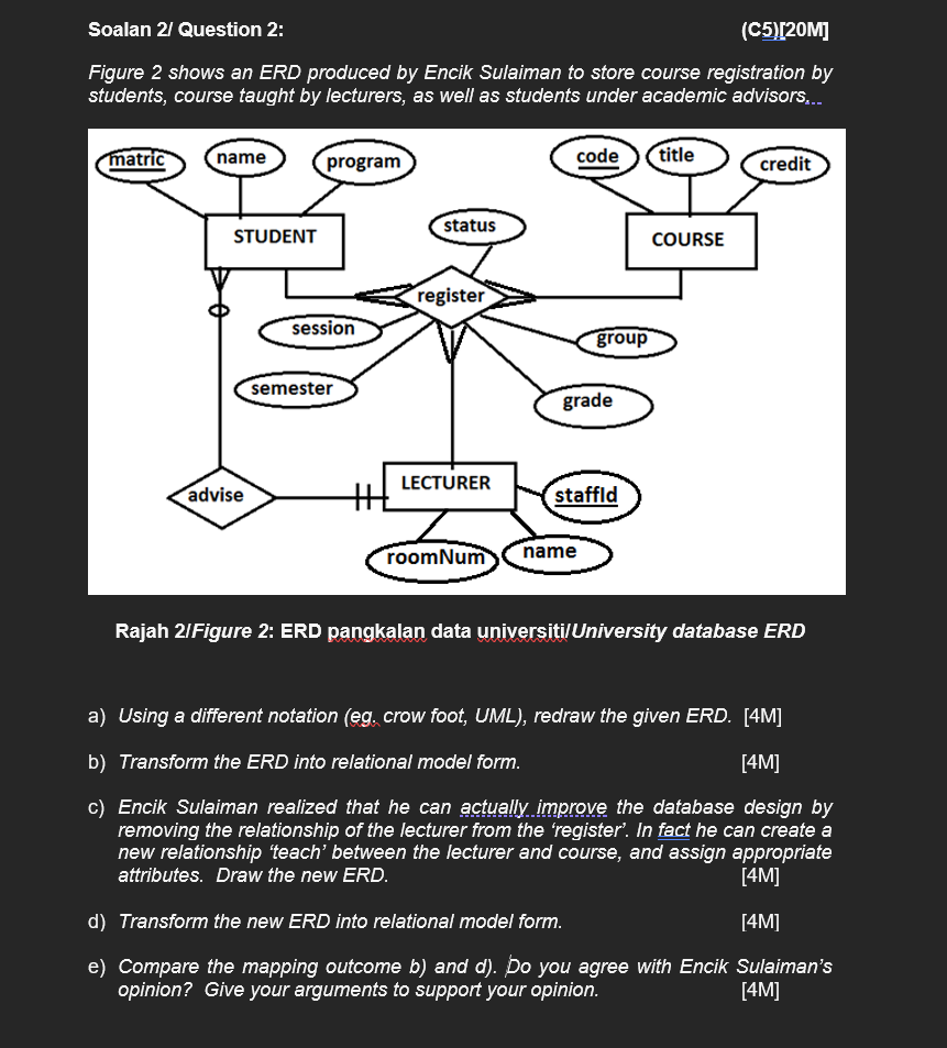 Solved Soalan 21 Question 2: (C5)[20M] Figure 2 shows an ERD | Chegg.com