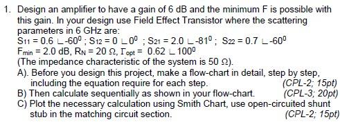 Solved 1. Design an amplifier to have a gain of 6 dB and the | Chegg.com
