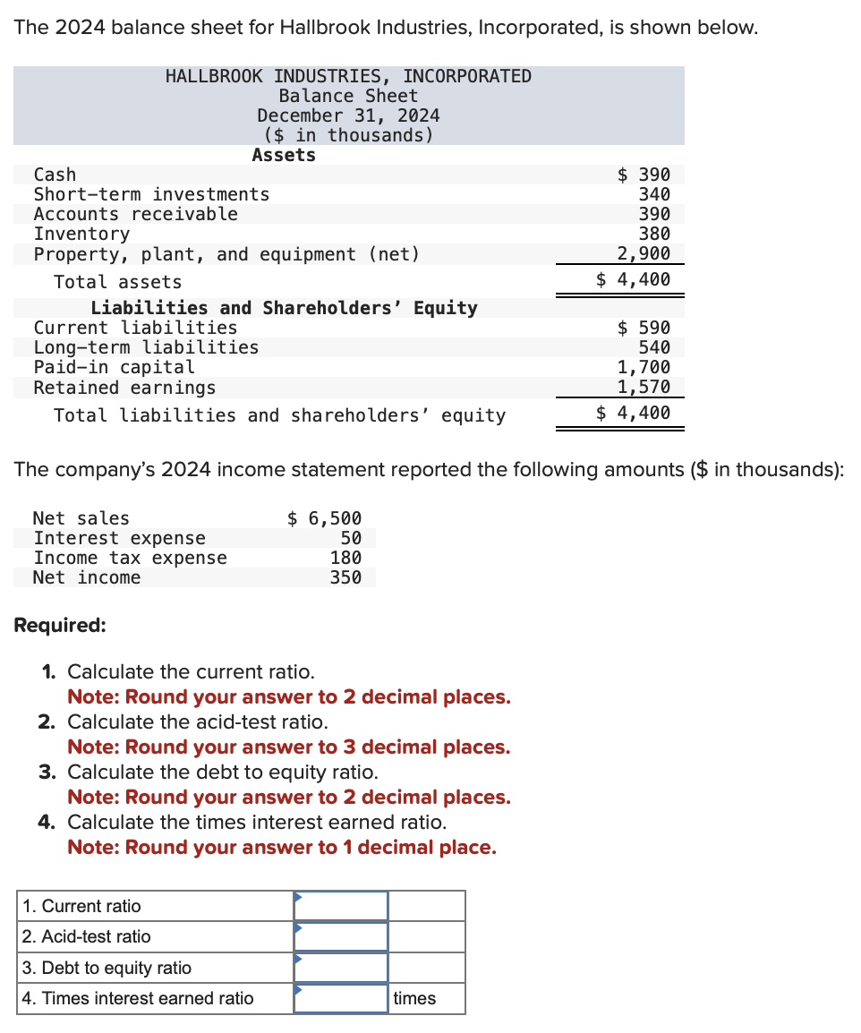 Solved The 2024 Balance Sheet For Hallbrook Industries Chegg Com   PhpGscnUK