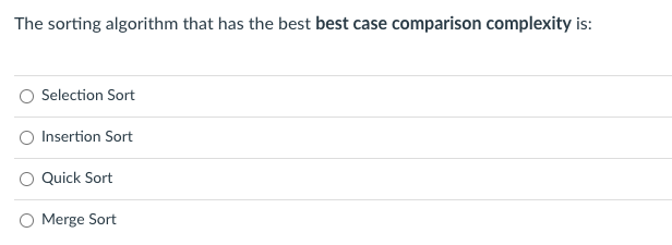 Solved The sorting algorithm that has the best best case | Chegg.com