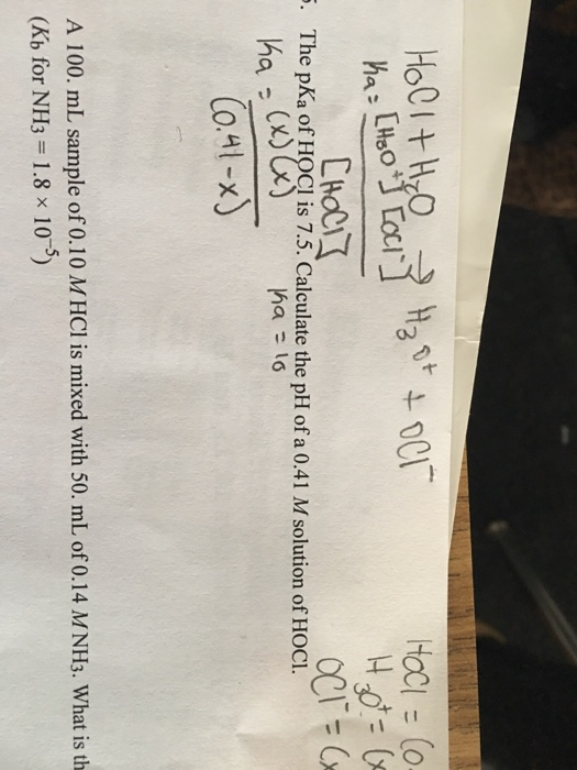 Solved The Pka Of Hocl Is 75 Calculate The Ph Of A 041 M