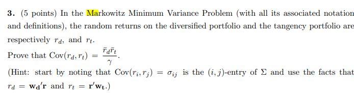 3. (5 Points) In The Markowitz Minimum Variance | Chegg.com