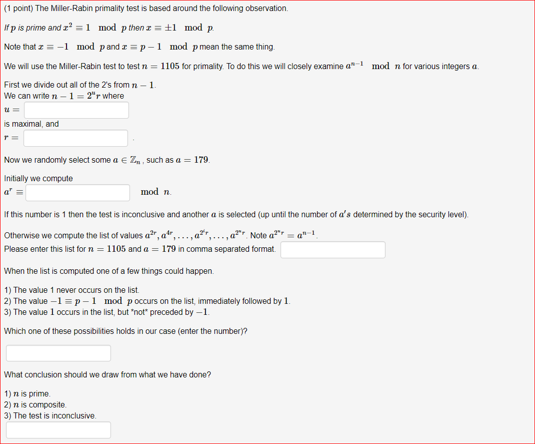 Solved (1 Point) The Miller-Rabin Primality Test Is Based | Chegg.com