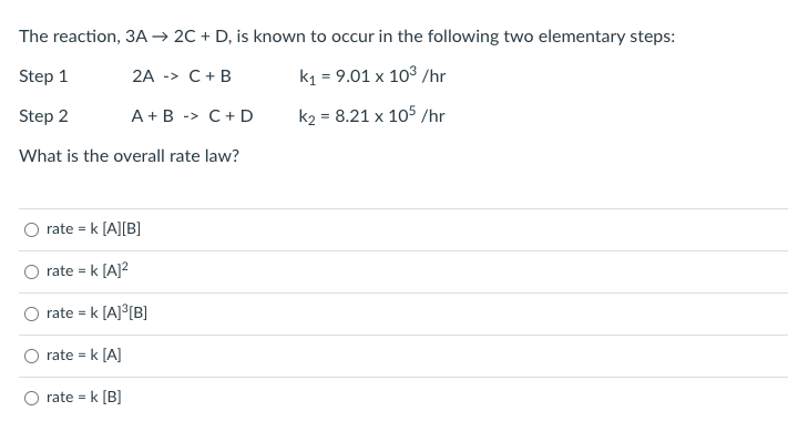 Solved The reaction, 3A → 2C + D, is known to occur in the | Chegg.com