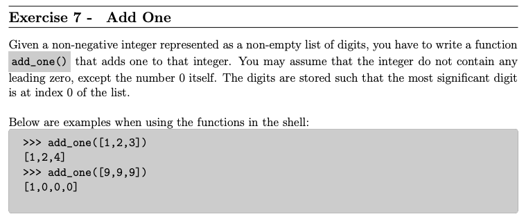 Solved Exercise 7 - Add One Given a non-negative integer | Chegg.com