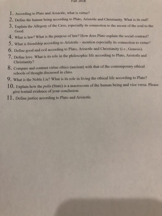 Solved Fall 2018 1 According To Plato And Aristotle What Chegg