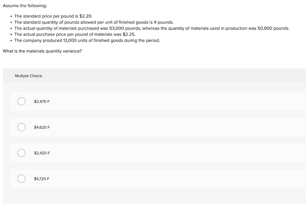 Solved Assume The Following The Standard Price Per Pound Chegg