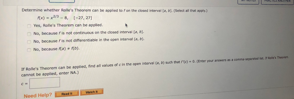 Solved PRACTICE ANOTHER Determine Whether Rolle's Theorem | Chegg.com