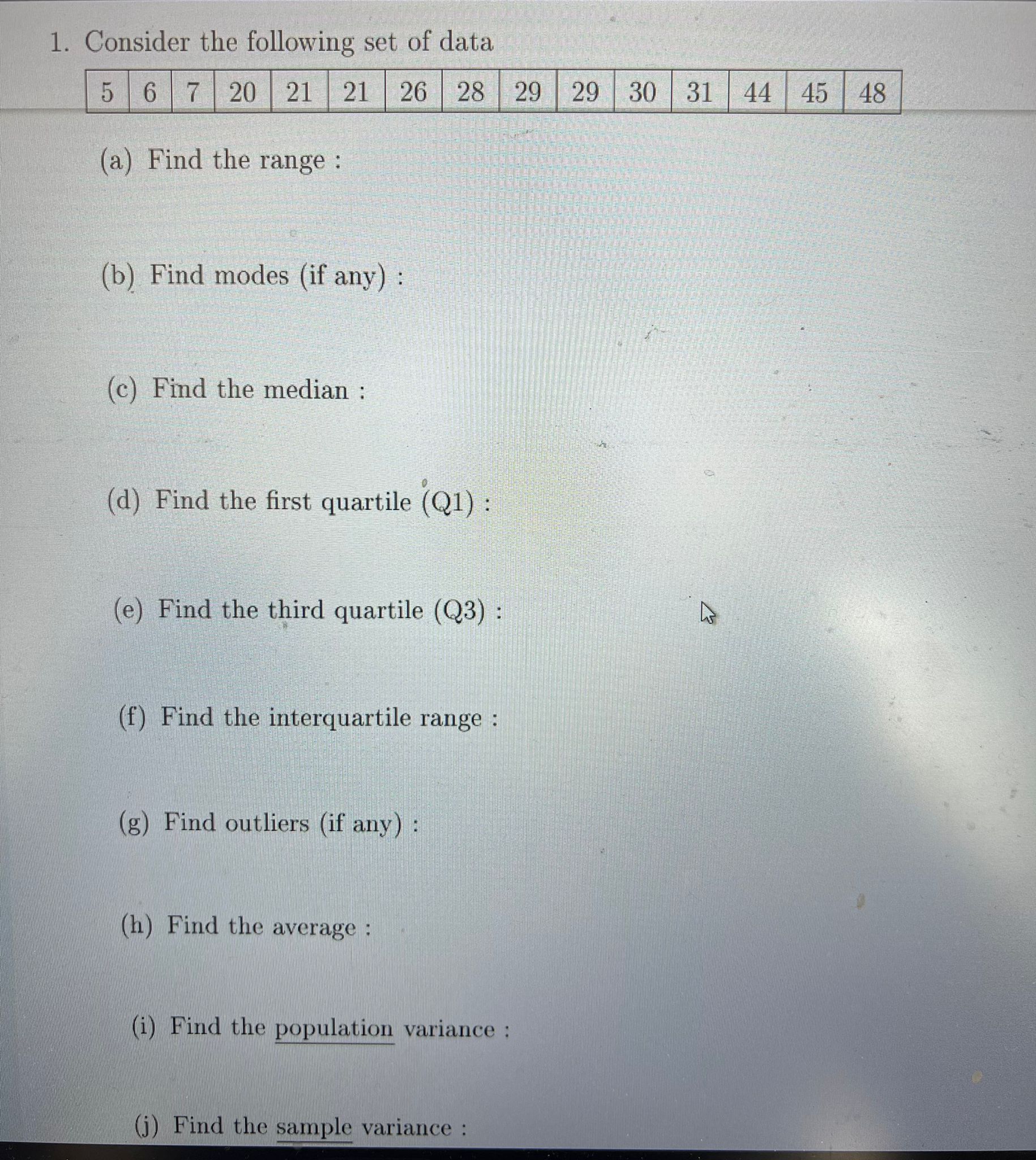 Solved 1. Consider the following set of data (a) Find the | Chegg.com