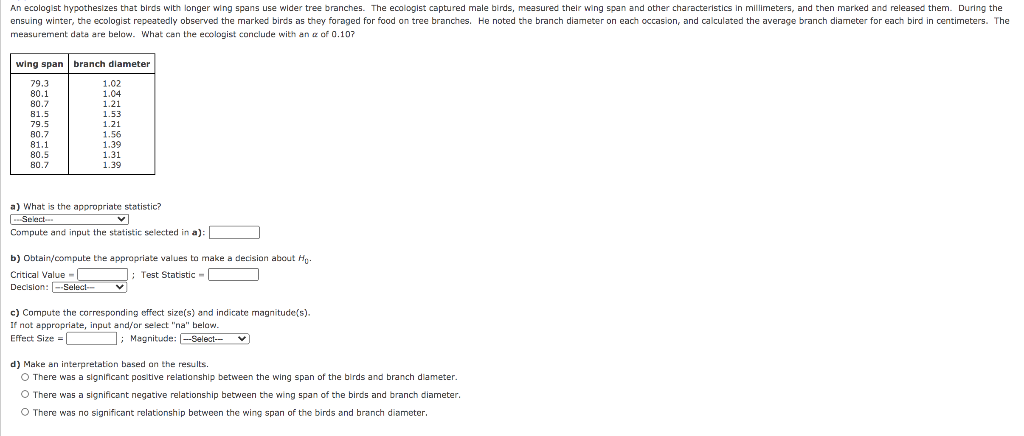 Solved An ecologist hypothesizes that birds with longer wing | Chegg.com