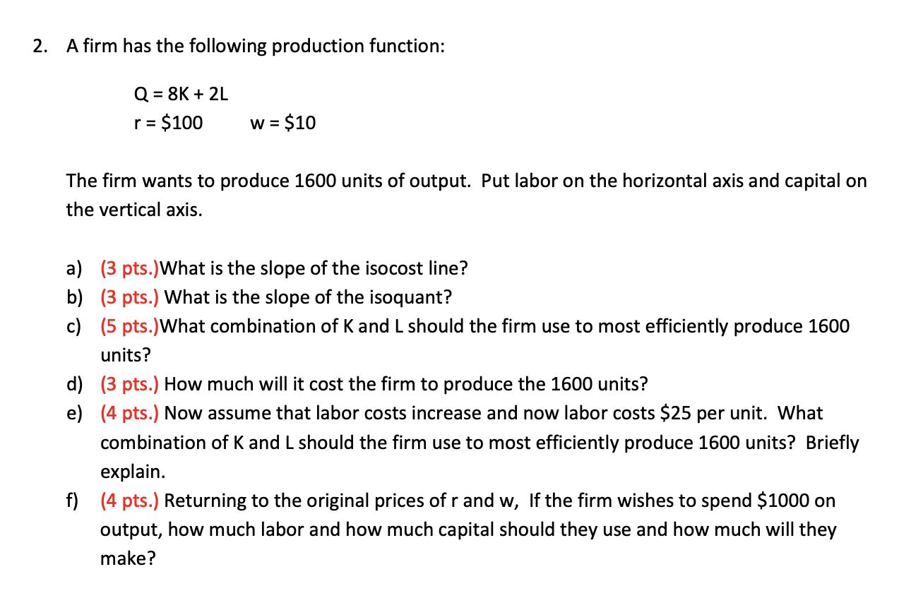 Solved 2. A firm has the following production function: Q = | Chegg.com