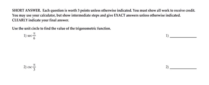 Solved SHORT ANSWER. Each question is worth 3 points unless | Chegg.com