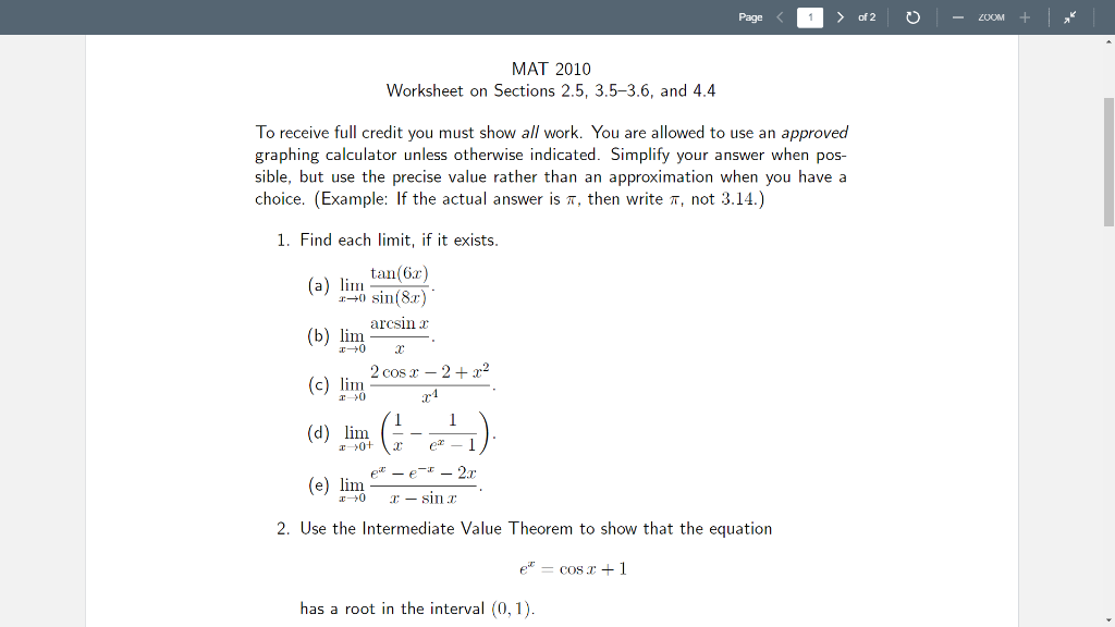 Solved Page zooM + 2OOM MAT 2010 Worksheet on Sections 2.5, | Chegg.com