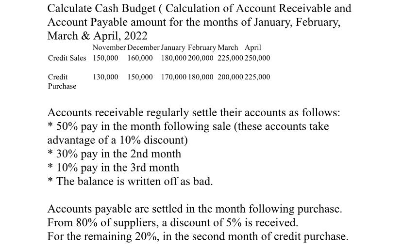 Calculate Cash Budget ( Calculation of Account Receivable and Account Payable amount for the months of January, February, Mar