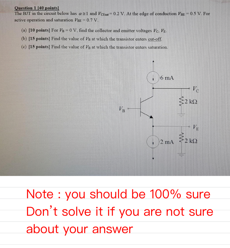 Solved Question 1 [40 points) The BJT in the circuit below | Chegg.com