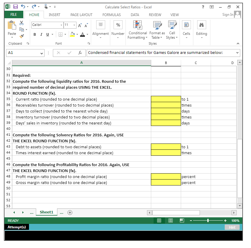 Solved x] 5- Calculate Select Ratios - Excel का 5 FILE HOME | Chegg.com