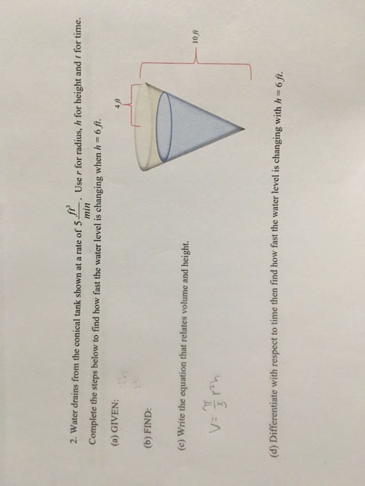 Solved 2. Water drains from the conical tank shown at a rate | Chegg.com