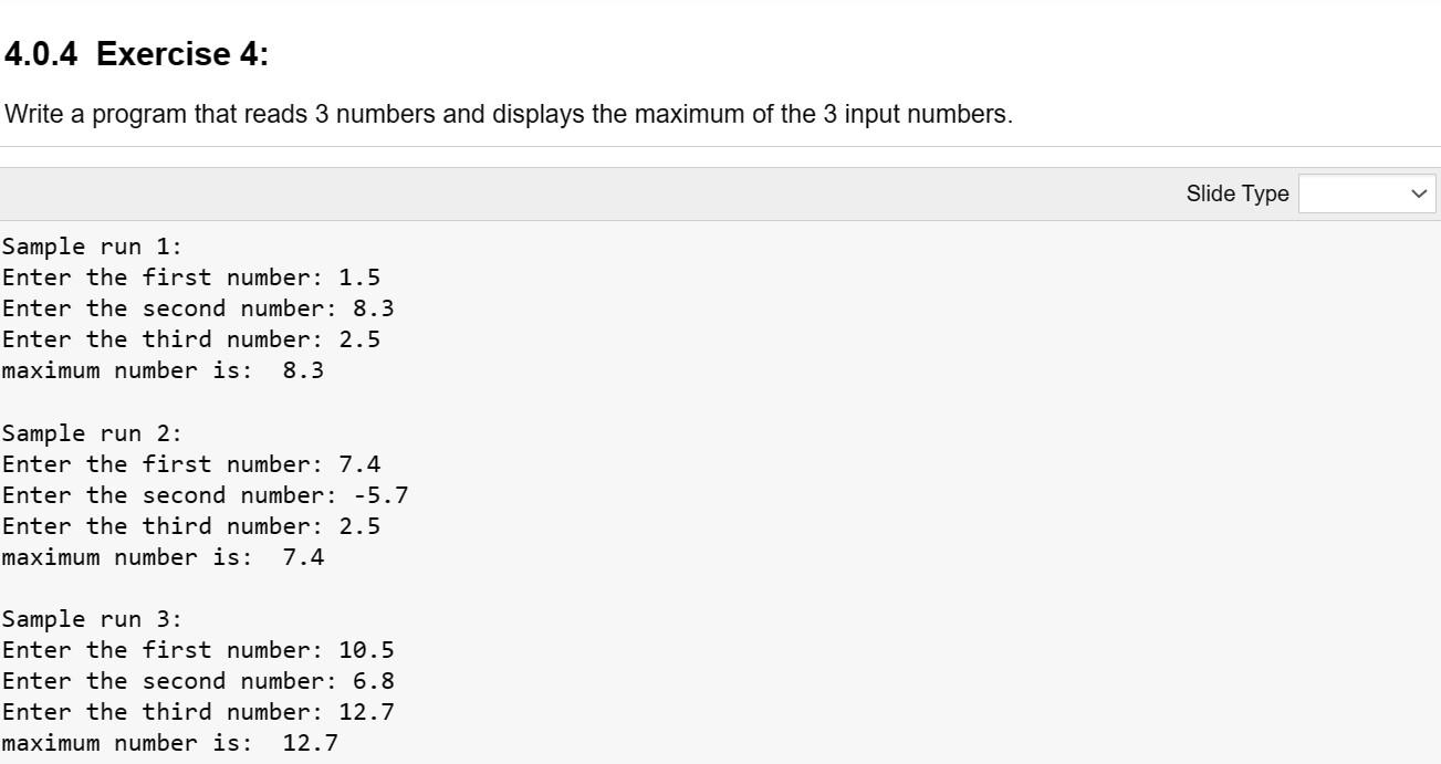 Solved 4.0.4 Exercise 4: Write A Program That Reads 3 | Chegg.com