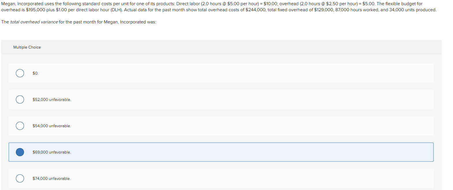 Solved Megan, Incorporated uses the following standard costs