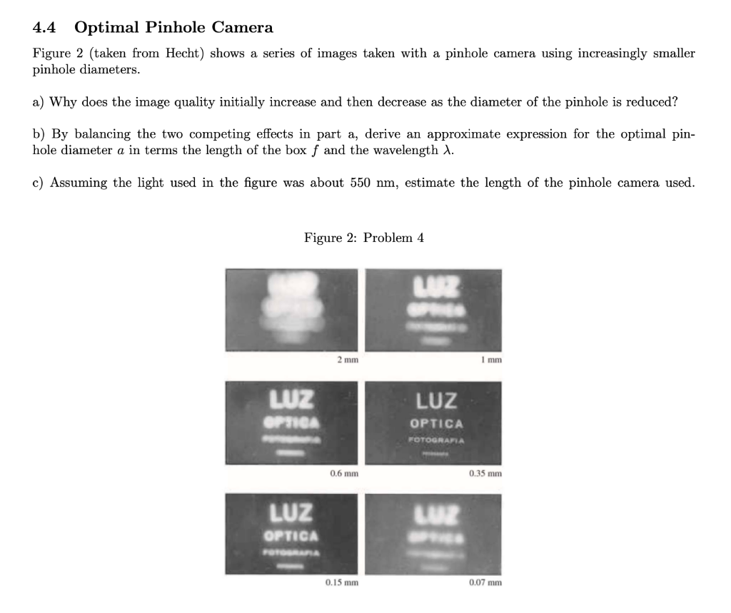 Solved 4.4 Optimal Pinhole Camera Figure 2 (taken from | Chegg.com