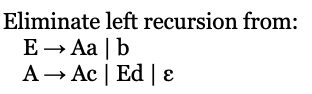 Solved Eliminate Left Recursion From: E→Aa∣b A→Ac∣Ed∣ε | Chegg.com