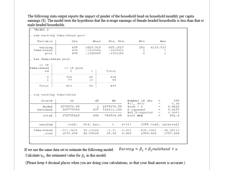 Solved The following stata output reports the impact of | Chegg.com