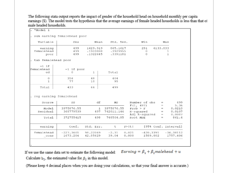 Solved The Following Stata Output Reports The Impact Of | Chegg.com