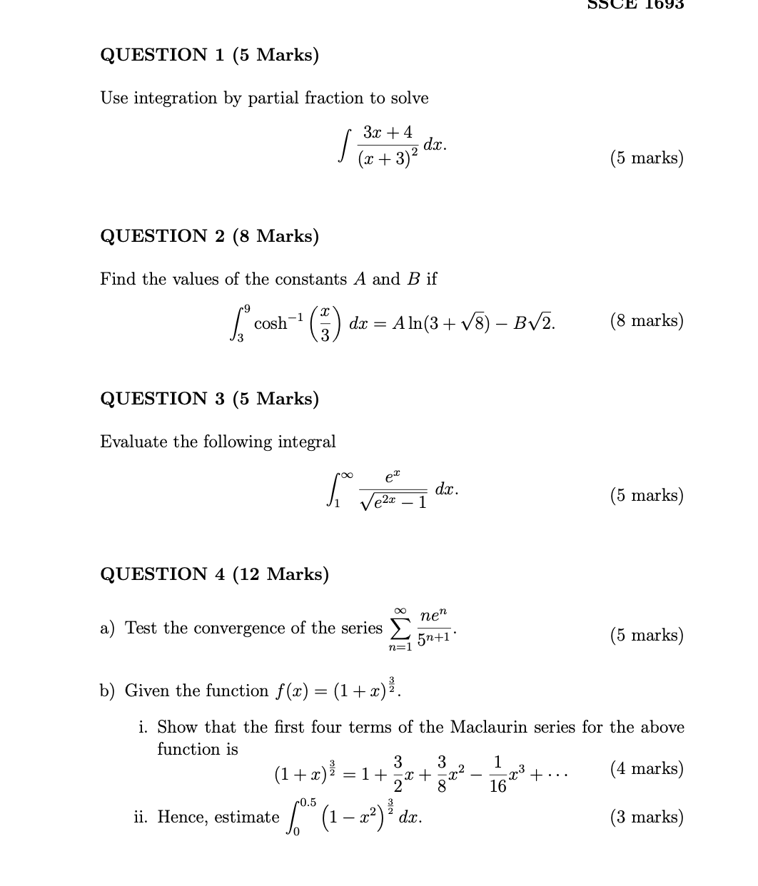 Solved QUESTION 1 (5 ﻿Marks)Use integration by ﻿partial | Chegg.com