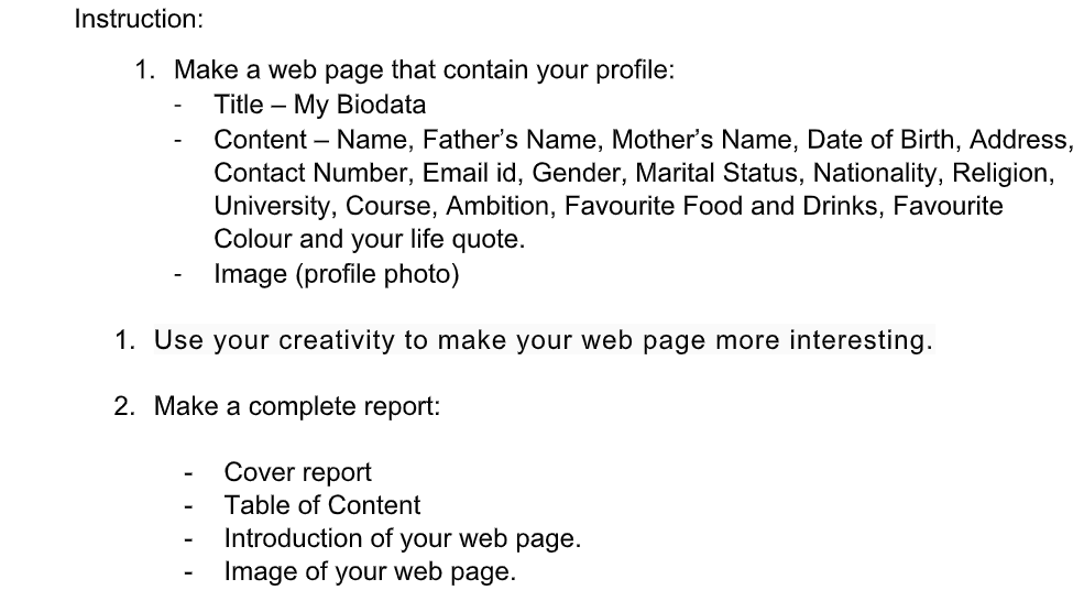 Solved Instruction: 1. Make A Web Page That Contain Your | Chegg.com