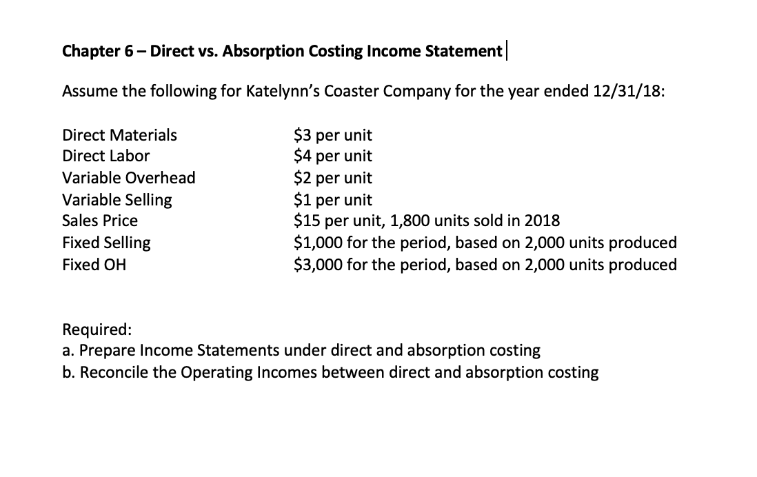 Solved Chapter 6Direct vs. Absorption Costing
