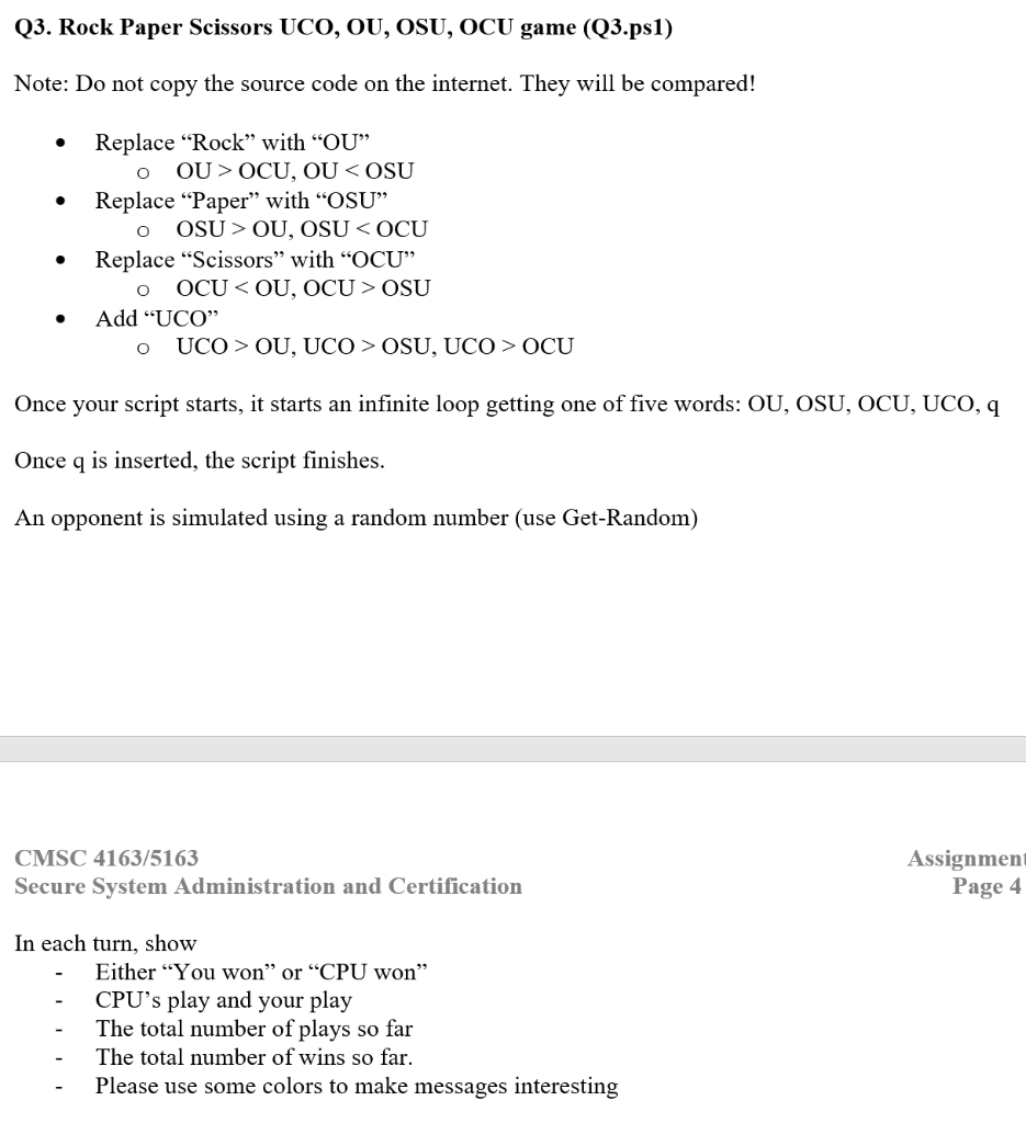 Q3. Rock Paper Scissors UCO, OU, OSU, OCU game | Chegg.com
