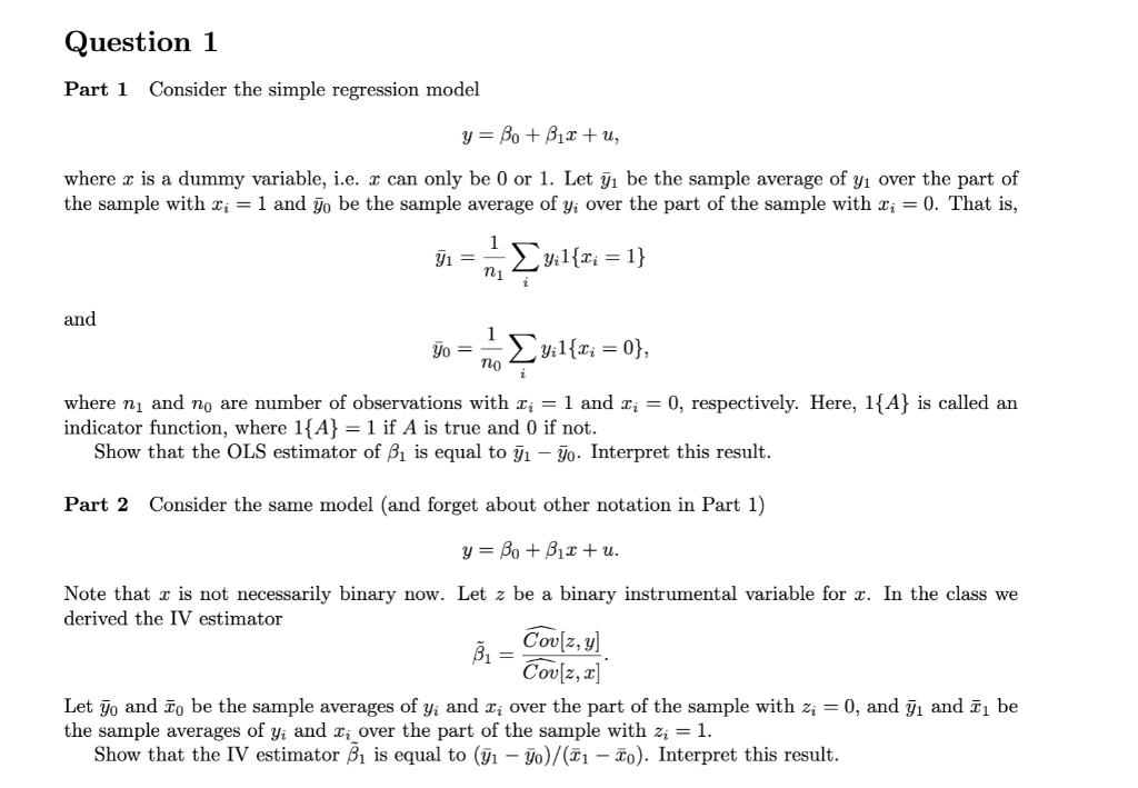 Question 1 Part 1 Consider The Simple Regression | Chegg.com