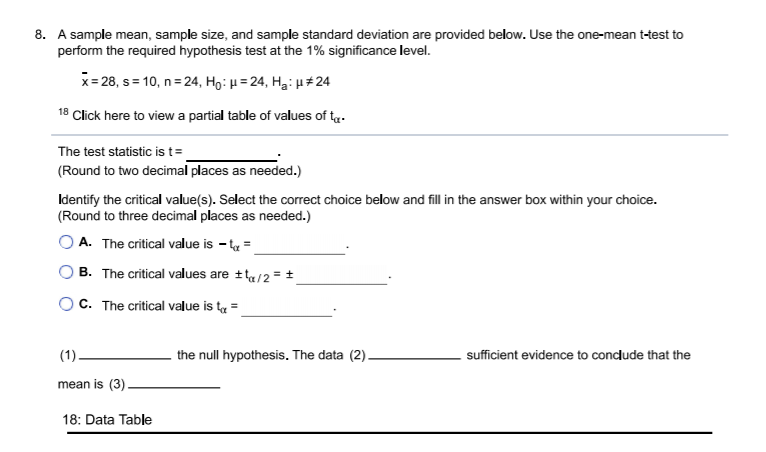 Solved 8. A sample mean, sample size, and sample standard | Chegg.com