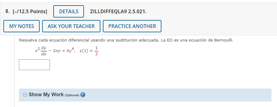 \( x^{2} \frac{d y}{d x}-2 x y=6 y^{4}, \quad y(1)=\frac{1}{3} \)