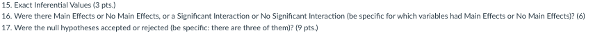 15. Exact Inferential Values (3 pts.)
16. Were there Main Effects or No Main Effects, or a Significant Interaction or No Sign