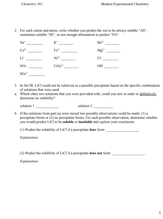 Solved Chemistry 161 Modern Experimental Chemistry 2. For | Chegg.com