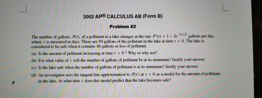 Solved 2002 AP® CALCULUS AB (Form B) Problem #2 The Number | Chegg.com