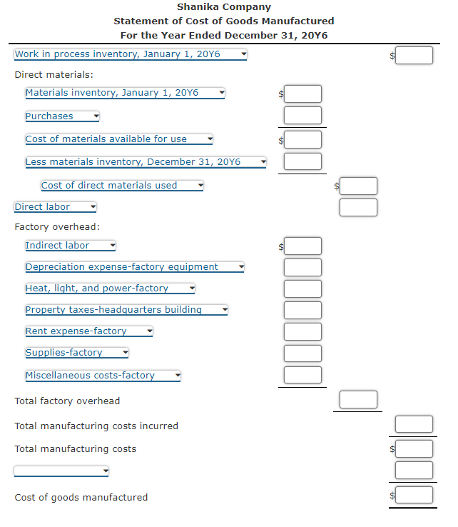 Shanika Company
Statement of Cost of Goods Manufactured
For the Year Ended December 31, 20 Y 6
Work in process inventory, Jan